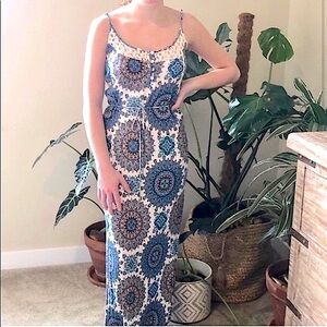 Lovestitch Island Time Boho Maxi Dress in Blue Cream with Lace Crochet